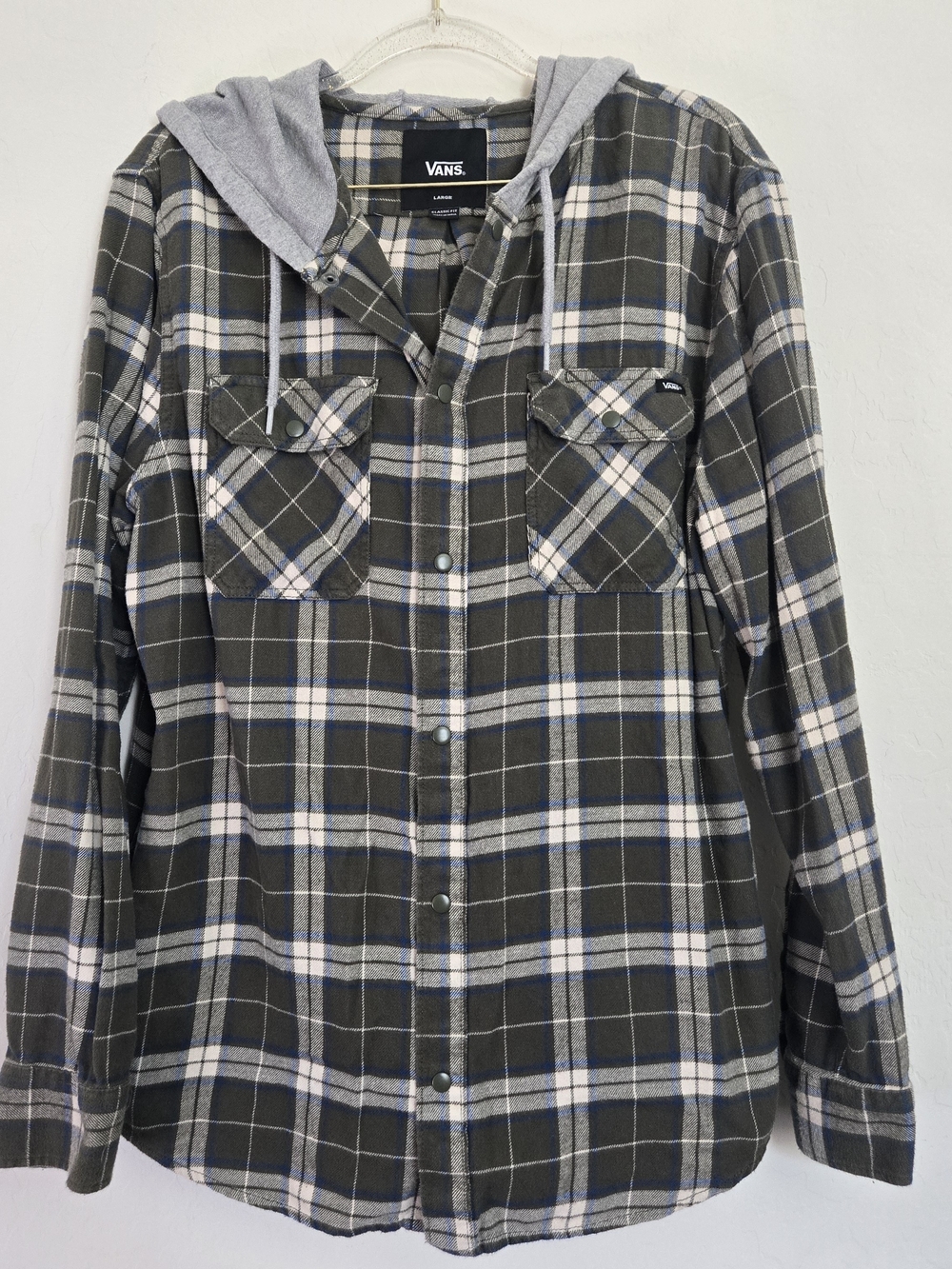 Vans Off The Wall Mens Large Green Plaid Hooded Flannel Shirt Jacket Snap Front